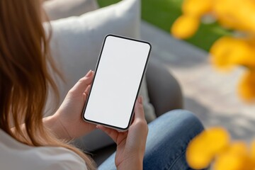 Poster - mockup image of a cell phone with a blank white screen. female hand holds a mobile phone at home.
