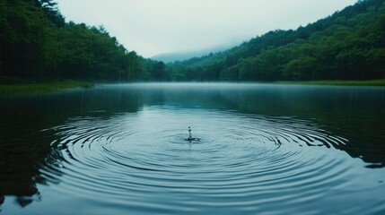 Wall Mural - Rain falling on a calm lake surface with concentric ripples spreading outward, offering a soothing and natural scene