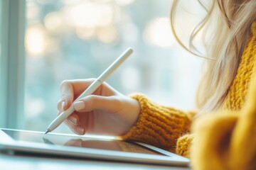 Poster - Using a stylus pen on the screen of a digital tablet computer by a woman, close-up