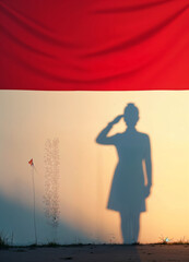 Wall Mural - a silhouette of a woman soldier saluting on flag of indonesia on the wall