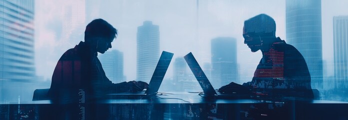 Poster - The concept of business finance and investment, forex trading, with a businessman working on a laptop computer and the city as an image with a financial forex graph, a stock market chart report, is
