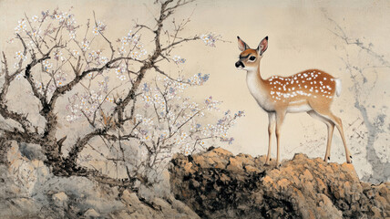 A deer is standing on a rock in front of a tree. The image has a peaceful and serene mood, as the deer is alone and surrounded by nature