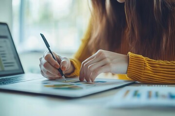 Poster - a businesswoman uses a stylus pen to work on her digital tablet pc and laptop computer on her office