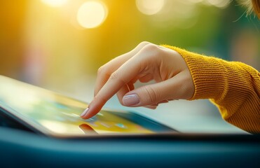 Poster - The hand of a business woman is grasping a digital tablet computer and surfing the internet, touching the screen with her finger, with a reflection on an office table in the background.