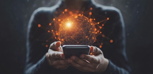 Wall Mural - The woman uses a smart phone to touch a virtual screen. She uses a global internet network connection, digital marketing, and the Internet of Things.