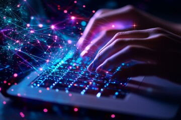 Canvas Print - The concept of cloud computing, social networks, and Internet technology, a woman working on a laptop computer.