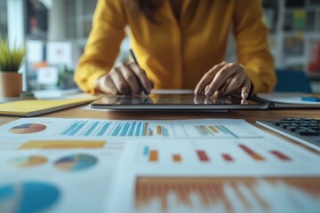 Poster - Businessman working at his desk with a digital tablet, laptop computer, and financial report graph data documents, business analysis concept, close up