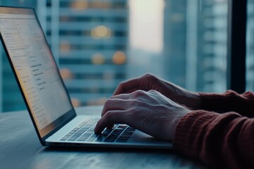 Poster - the businessman works on a laptop computer, surfs the internet using a digital tablet at his home of