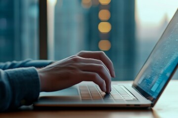 Poster - at home office, a businessman works with his laptop computer and surfs the web with a digital tablet