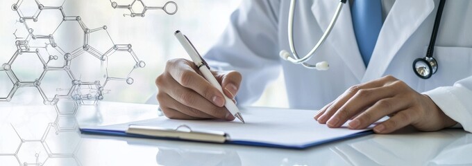 Poster - An illustration depicting healthcare, telemedicine, and medical technology. A doctor uses a tablet computer with a blurred background of a hospital