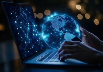 Poster - The concept of IoT, the Internet of Things, E-commerce, online shopping and banking. A woman using a laptop computer for online shopping and internet banking. A virtual globe is shown with technology