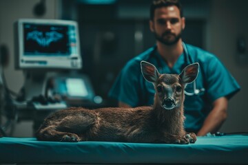 Poster - A Fawn Lying on an Examination Table in a Veterinary Clinic