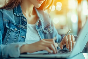 Poster - Stylish business woman working online on a laptop with a digital tablet at her desk, close-up