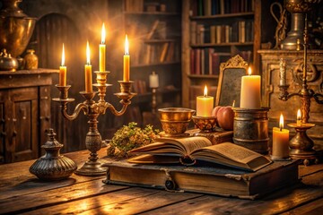 Golden light illuminates a mystical, ornate wooden table surrounded by candles, ancient tomes, and mysterious artifacts, evoking an atmosphere of enchantment and mystic wonder.