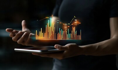 Poster - On a digital tablet, a businessman analyses financial data, a graph of economic growth, analyzes trading and financial reports. Finance and investment.