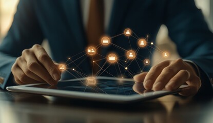 Poster - The Internet of Things (IoT) is being used by women in e-commerce and digital marketing. Man using mobile smartphone with augmented reality.