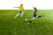 © Lustre Art Group  - Young women, soccer players, captured mid-stride on green field, each pushing their limits in fast-paced, competitive match. Concept of sport, competition, tournament, games, event.