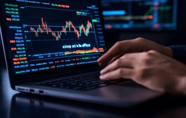 Poster - The analysis of stock market reports, financial data, trading charts is done by a businessperson or trader that focuses on currency exchange, business growth, plan and strategy concepts.
