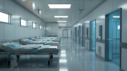 Poster - A hospital room with beds and a hallway