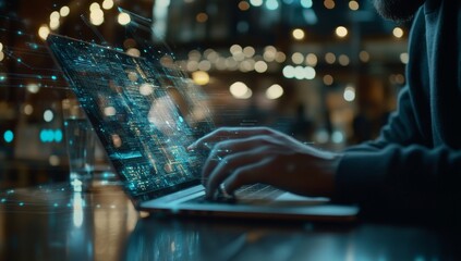 Wall Mural - Man using laptop computer and tablet connected to internet network. Global communication network, digital transformation, telecommunication concept.