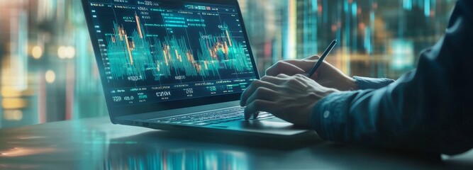 Poster - Digital marketing and internet network technology for business, financial and banking, digital data link, global businessman using laptop.