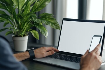 Poster - a casual business man, freelancer working on a laptop computer at home. a freelancer surfing the int