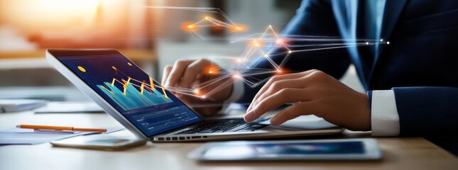 Poster - Analysis of business, finance, and economic data on the laptop computer of a businessman, with the concept of business and technology.