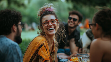 group of friends laughing and enjoying a picnic in a park,