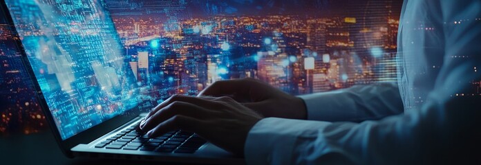 Poster - A man uses a tablet computer with a global internet network and smart city. This is an abstract concept in digital technology, modern technology.