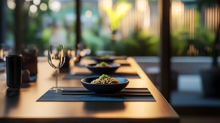 Wall Mural - A sleek restaurant table with cool tones and 3D-rendered noodle dishes