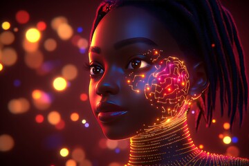 Canvas Print - Neural resonance Mental effort Woman with neon lit face patterns symbolizing the fusion of technology and identity in a vibrant futuristic context