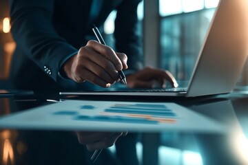 Poster - a businessman uses a digital tablet while surfing the net on a laptop, close up. a freelancer works 