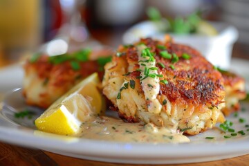 Wall Mural - A serving of spicy crab cakes, golden brown and crispy, served with a zesty remoulade sauce and a lemon wedge