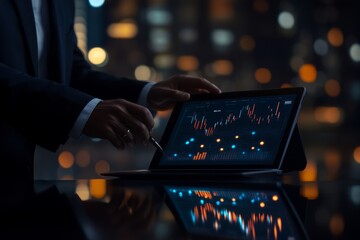 Poster - Businessman using tablet to analyze sales data and economic growth graph charts. Financial and banking. Digital marketing.