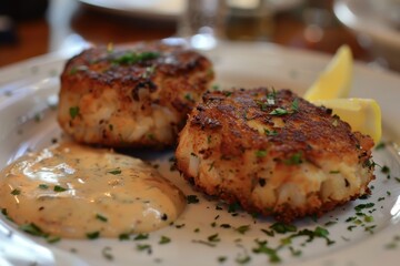 Wall Mural - A serving of spicy crab cakes, golden brown and crispy, served with a zesty remoulade sauce and a lemon wedge