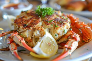 Wall Mural - A serving of spicy crab cakes, golden brown and crispy, served with a zesty remoulade sauce and a lemon wedge