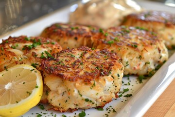 Wall Mural - A serving of spicy crab cakes, golden brown and crispy, served with a zesty remoulade sauce and a lemon wedge