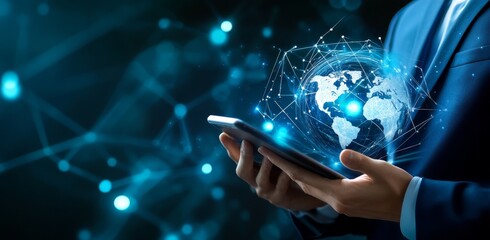 Poster - Internet of Things, digital marketing, e-commerce, global business concept. Man with mobile smart phone for online shopping and internet banking with virtual globe.