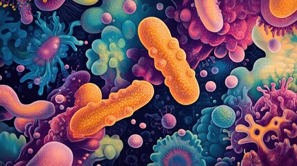 Poster - Microscopic view of colorful bacteria floating through a body