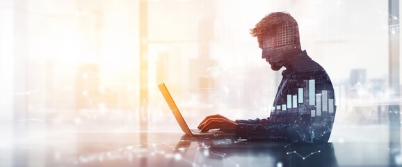 Poster - Businessman using a laptop computer to analyze the graph growth of sales on global networks using social media marketing icons, business strategy and solutions