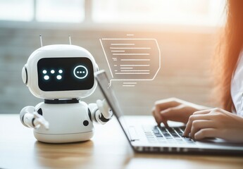 Poster - A digital AI chatbot named chatGPT, developed by a robot application maker, is shown on a virtual screen with a man using his smart phone to interact with the digital chatbot.