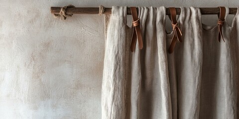 Sticker - Beige curtains with leather ties hanging on a wooden rod.