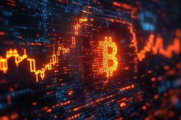 Fototapete - Bitcoin cryptocurrency symbol appearing on digital circuit board with charts