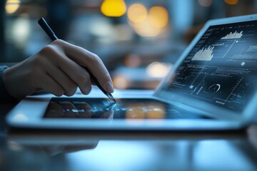 Poster - an office worker using a digital tablet, touching the screen and working on a laptop computer. surfi