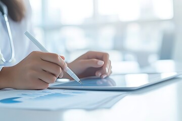Poster - Close-up of a woman using a digital tablet computer and touching the touchpad screen on the table at work