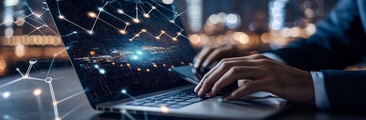 Poster - The internet of things, big data, digital marketing, and digital technology. A man using a cell phone and a laptop computer to surf the Internet in the future.
