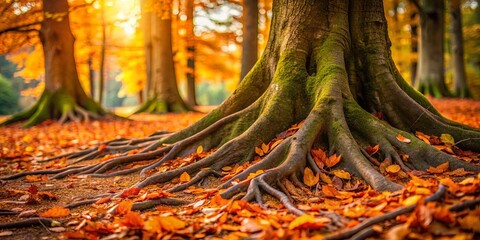 macro view of autumn tree roots surrounded by fallen leaves