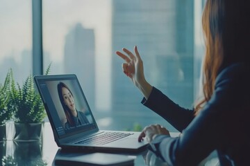 An individual and an organization use the Zoom online meeting app to conduct a video teleconference during work using a laptop computer