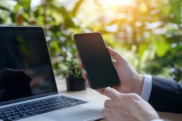 Poster - At home office, businesswoman uses mobile phone while working on laptop computer while using mobile phone