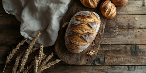 Freshly baked bread on wooden table with wheat.